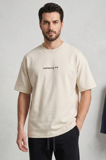 Difficulty Ön ve Arka Baskılı Oversize Erkek T-shirt Kemik - Erkek T-shirt