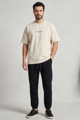 Difficulty Ön ve Arka Baskılı Oversize Erkek T-shirt Kemik - Erkek T-shirt