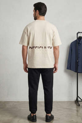 Difficulty Ön ve Arka Baskılı Oversize Erkek T-shirt Kemik - Erkek T-shirt