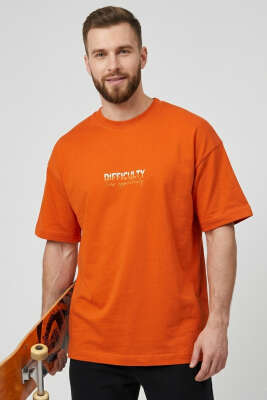 Difficulty Ön ve Arka Baskılı Oversize Erkek T-shirt Kiremit - DEEP POİNT