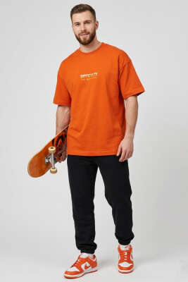 Difficulty Ön ve Arka Baskılı Oversize Erkek T-shirt Kiremit - Erkek T-shirt