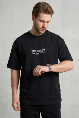 Difficulty Ön ve Arka Baskılı Oversize Erkek T-shirt Siyah - DEEP POİNT
