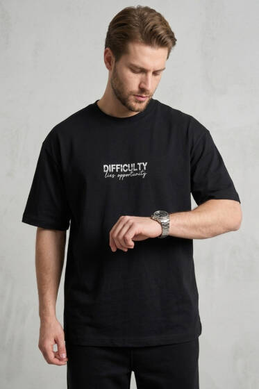 Difficulty Ön ve Arka Baskılı Oversize Erkek T-shirt Siyah - Erkek T-shirt