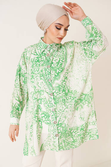 Dijital Baskı Saten Gömlek Fıstık Yeşili - Gömlek