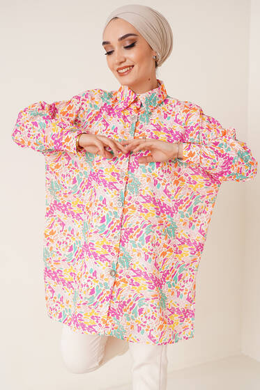 Dijital Baskı Saten Gömlek Fuşya - Gömlek