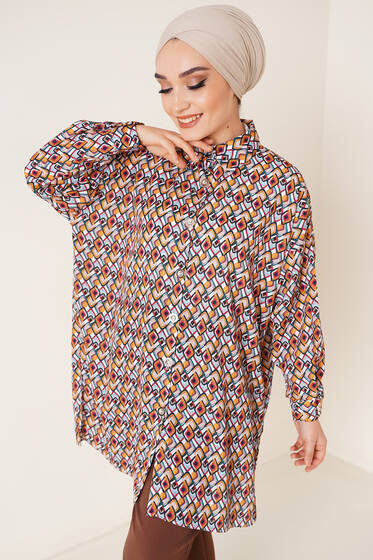 Dijital Baskı Saten Gömlek Kahve - Gömlek