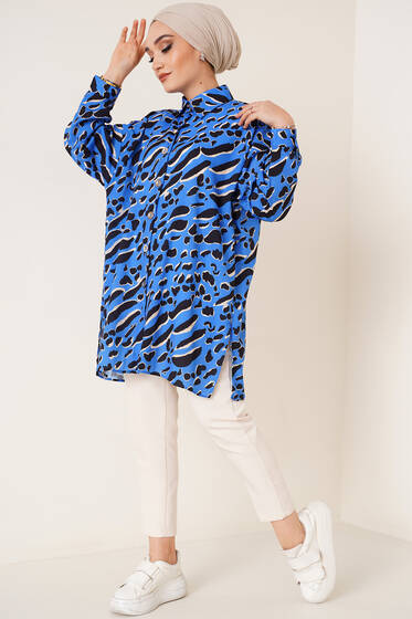 Dijital Baskı Saten Gömlek Mavi - Gömlek