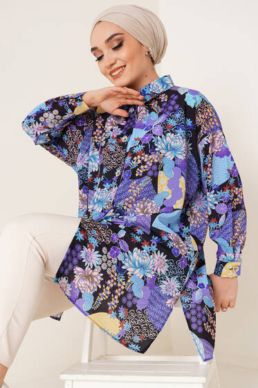 Dijital Baskı Saten Gömlek Mor - Gömlek