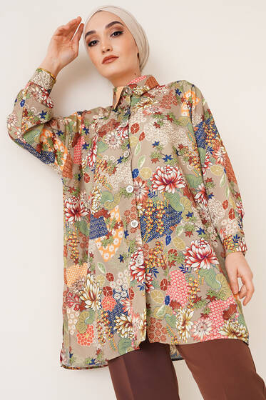 Dijital Baskı Saten Gömlek Yeşil - Gömlek