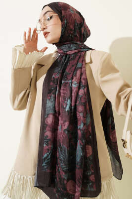 Dijital Baskılı Floral Bambu Şal Acı Kahve - Başörtüsü