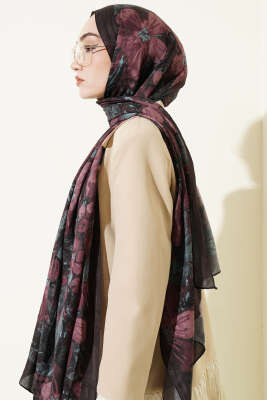 Dijital Baskılı Floral Bambu Şal Acı Kahve - Başörtüsü