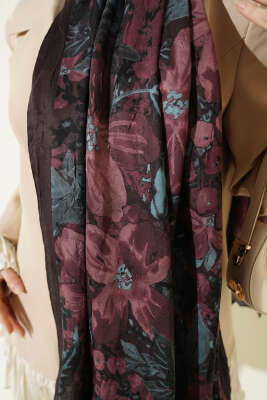 Dijital Baskılı Floral Bambu Şal Acı Kahve - Başörtüsü