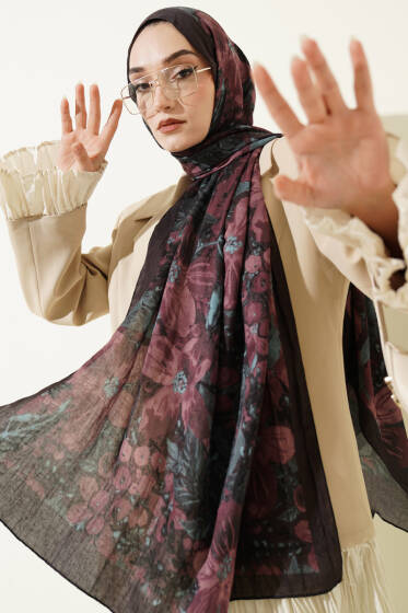 Dijital Baskılı Floral Bambu Şal Acı Kahve - Yılın Fırsatı