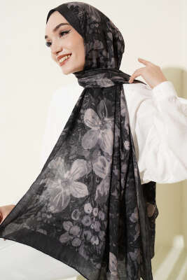 Dijital Baskılı Floral Bambu Şal Antrasit - Başörtüsü