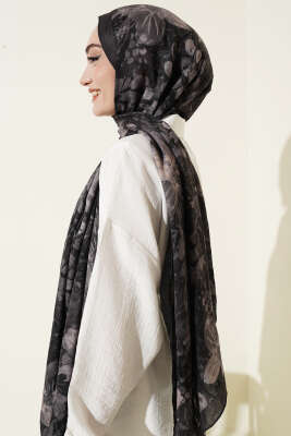 Dijital Baskılı Floral Bambu Şal Antrasit - Başörtüsü