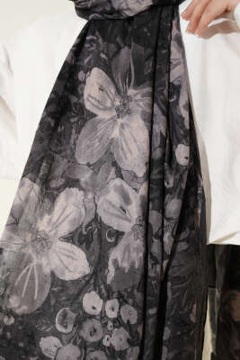 Dijital Baskılı Floral Bambu Şal Antrasit - Başörtüsü