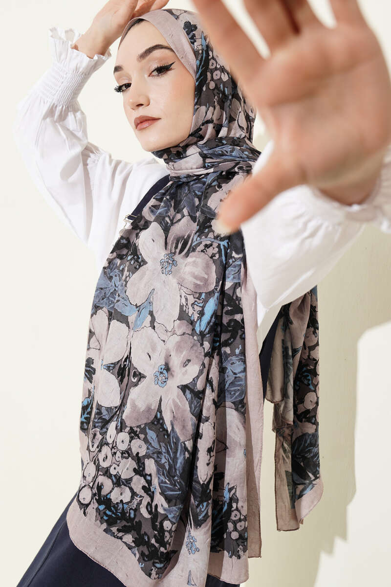 Dijital Baskılı Floral Bambu Şal Bej