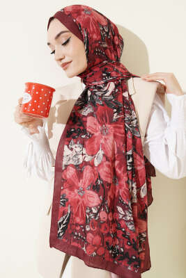 Dijital Baskılı Floral Bambu Şal Bordo - MODA KAŞMİR