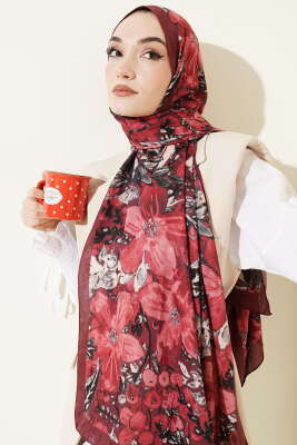 Dijital Baskılı Floral Bambu Şal Bordo - Başörtüsü