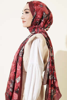 Dijital Baskılı Floral Bambu Şal Bordo - Başörtüsü