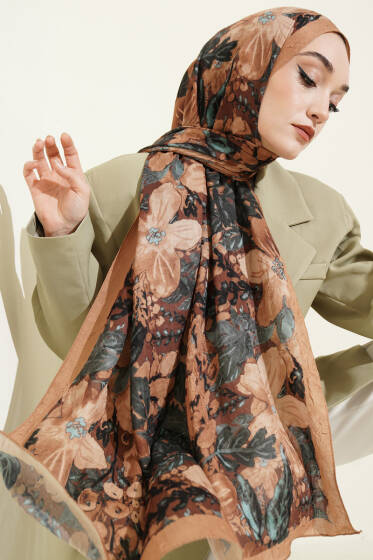 Dijital Baskılı Floral Bambu Şal Camel - Yılın Fırsatı