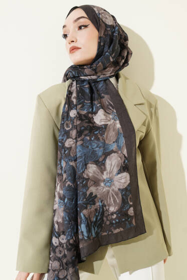Dijital Baskılı Floral Bambu Şal Füme - Yılın Fırsatı