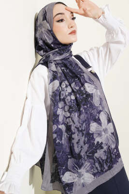Dijital Baskılı Floral Bambu Şal Gri - Başörtüsü