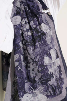 Dijital Baskılı Floral Bambu Şal Gri - Başörtüsü