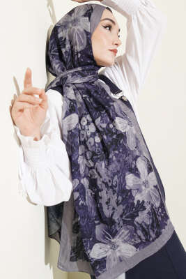 Dijital Baskılı Floral Bambu Şal Gri 