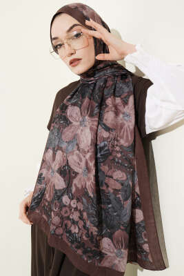 Dijital Baskılı Floral Bambu Şal Kahve 