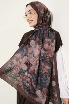 Dijital Baskılı Floral Bambu Şal Kahve - Başörtüsü