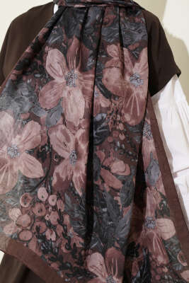 Dijital Baskılı Floral Bambu Şal Kahve - Başörtüsü