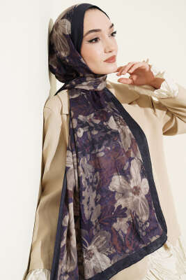 Dijital Baskılı Floral Bambu Şal Lacivert - Başörtüsü