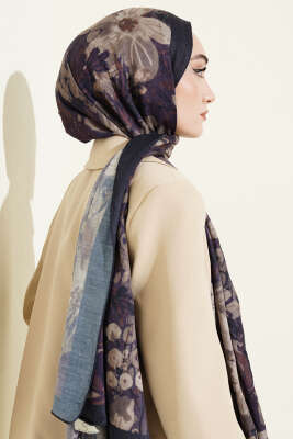 Dijital Baskılı Floral Bambu Şal Lacivert - Başörtüsü