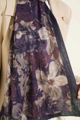 Dijital Baskılı Floral Bambu Şal Lacivert - Başörtüsü