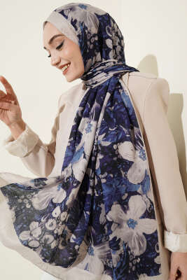 Dijital Baskılı Floral Bambu Şal Lacivert Bej 