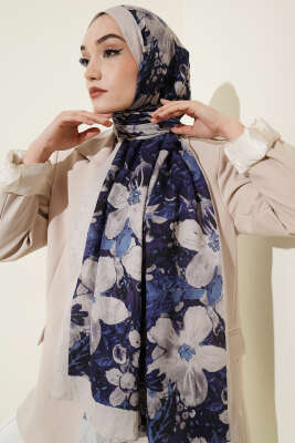 Dijital Baskılı Floral Bambu Şal Lacivert Bej - Başörtüsü