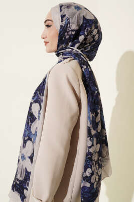 Dijital Baskılı Floral Bambu Şal Lacivert Bej - Başörtüsü