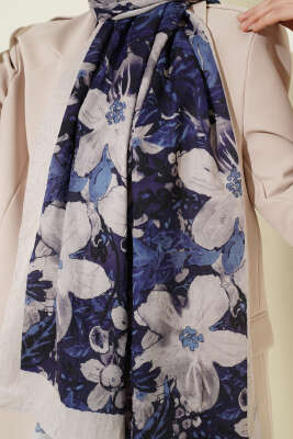 Dijital Baskılı Floral Bambu Şal Lacivert Bej - Başörtüsü
