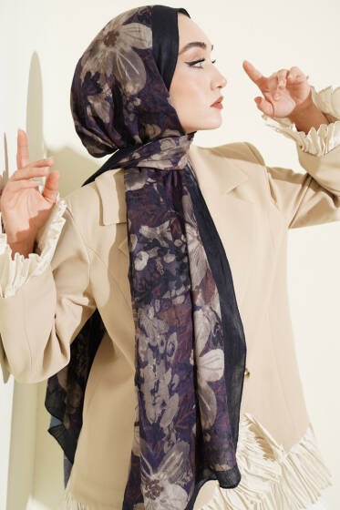 Dijital Baskılı Floral Bambu Şal Lacivert - Yılın Fırsatı