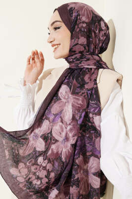 Dijital Baskılı Floral Bambu Şal Mürdüm 