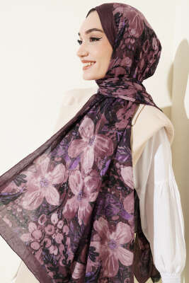 Dijital Baskılı Floral Bambu Şal Mürdüm - Başörtüsü