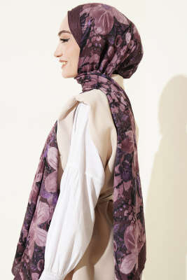 Dijital Baskılı Floral Bambu Şal Mürdüm - Başörtüsü