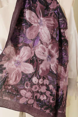 Dijital Baskılı Floral Bambu Şal Mürdüm - Başörtüsü