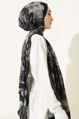 Dijital Baskılı Floral Bambu Şal Siyah - Başörtüsü