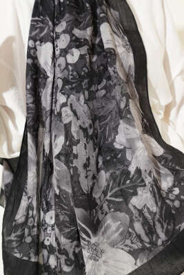 Dijital Baskılı Floral Bambu Şal Siyah - Başörtüsü