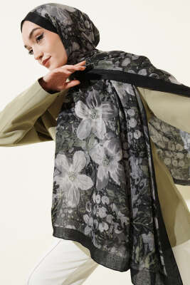 Dijital Baskılı Floral Bambu Şal Siyah Haki - Yılın Fırsatı