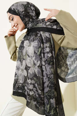 Dijital Baskılı Floral Bambu Şal Siyah Haki - Yılın Fırsatı