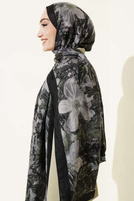 Dijital Baskılı Floral Bambu Şal Siyah Haki - Yılın Fırsatı