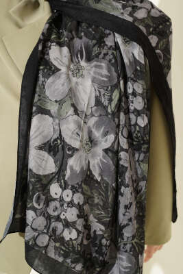 Dijital Baskılı Floral Bambu Şal Siyah Haki - Yılın Fırsatı